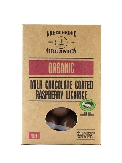 Green Grove Organic Milk Chocolate Coated Raspberry Licorice 180g - Kitchen Antics