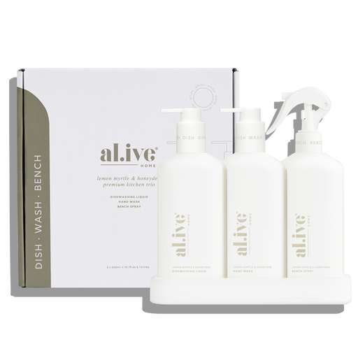 al.ive Kitchen Trio Dishwashing Liquid, Hand Wash & Bench Spray + Tray - Lemon Myrtle & Honeydew