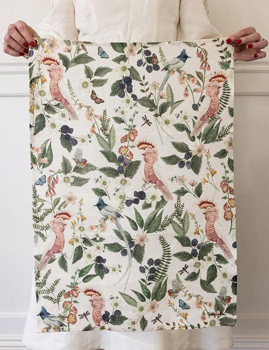 Bespoke Letterpress Tea Towel 100% Linen - Pink Cockatoo