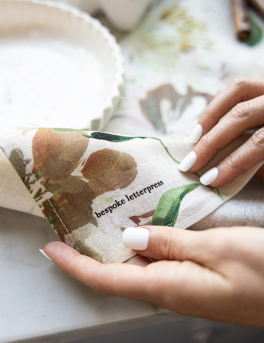 Bespoke Letterpress Tea Towel 100% Linen - Peony Study