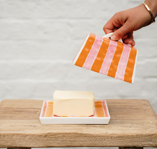 Noss & Co Large Butter Dish - Orange & Pink Stripe