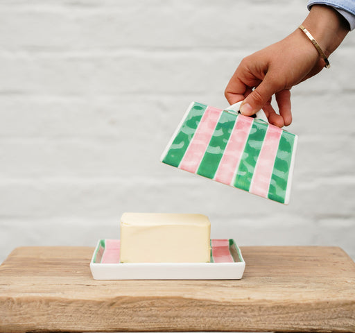 Noss & Co Large Butter Dish - Pink & Green Stripe