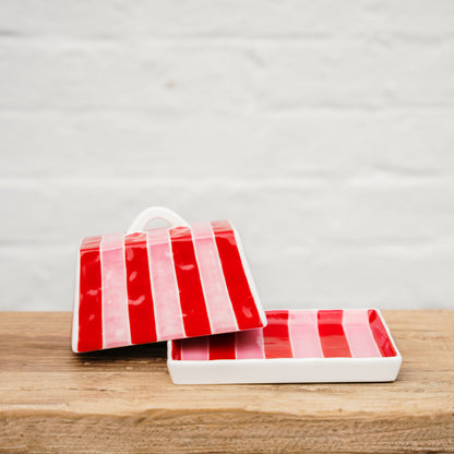Noss & Co Large Butter Dish - Red & Pink Stripe