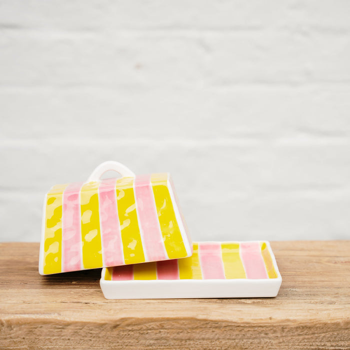 Noss & Co Large Butter Dish - Pink & Yellow Stripe