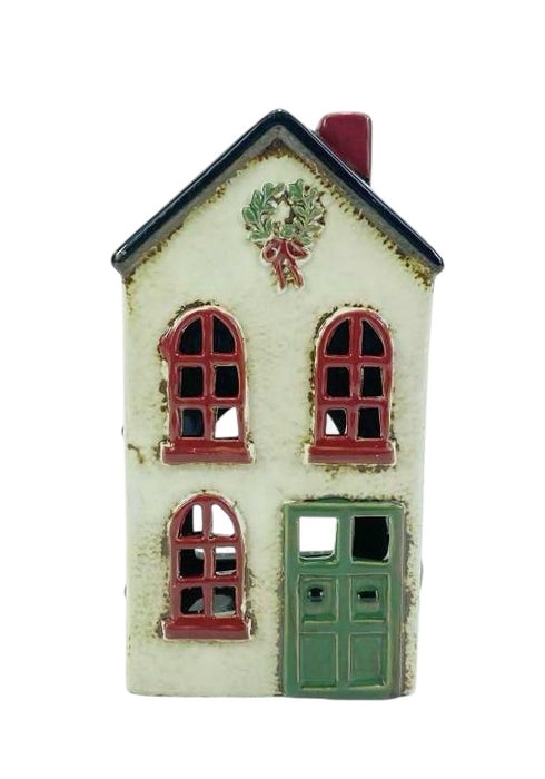 Cottage Tealight - Xmas House Wreath & Green Door