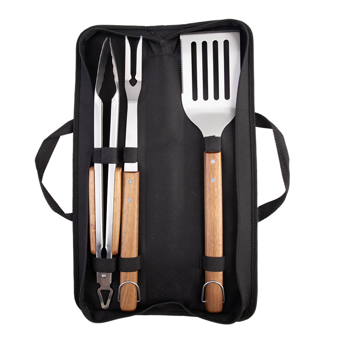 Urban Grill Acacia Wood 3pc BBQ Set w/carry Case