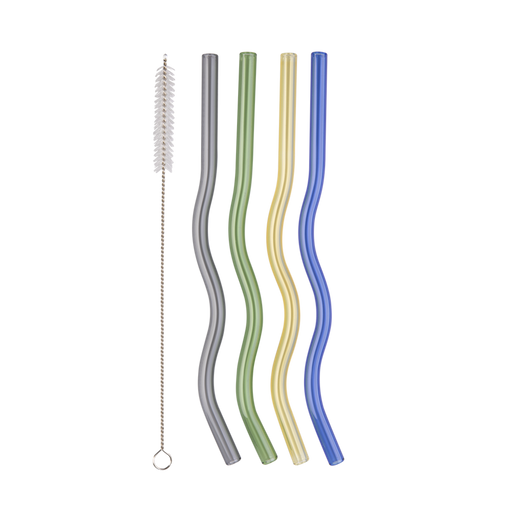 Appetito Glass Wiggly Straw Set of 4 w/Brush