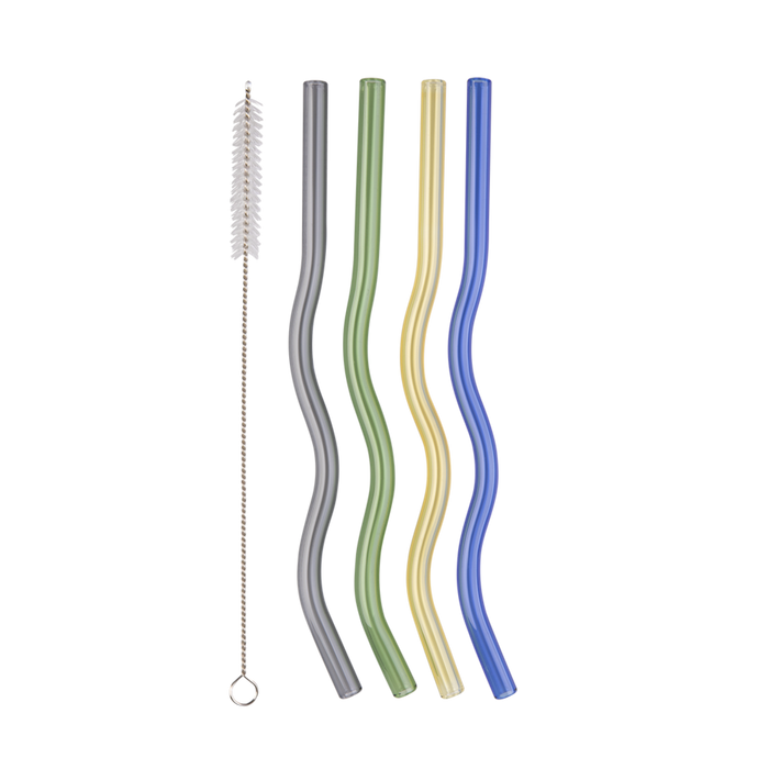 Appetito Glass Wiggly Straw Set of 4 w/Brush