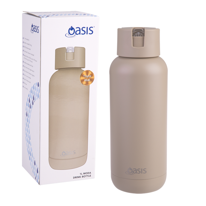Oasis 'Moda' Ceramic Lined S/S Triple Wall Insulated Drink Bottle 1Lt - Latte