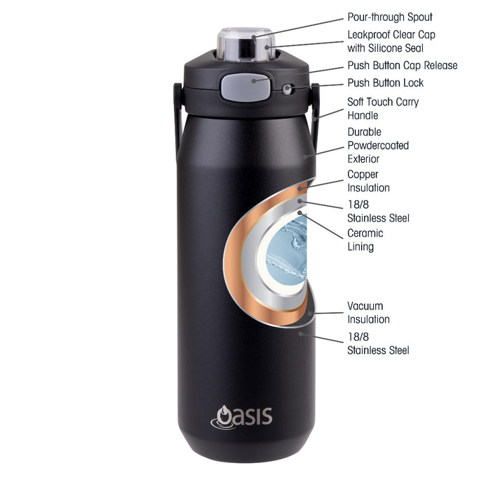 Oasis Ceramic Lined 'Capri' Drink Bottle 750ml - Black
