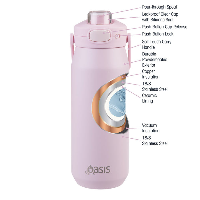 Oasis Ceramic Lined 'Capri' Drink Bottle 750ml - Pink Lemonade