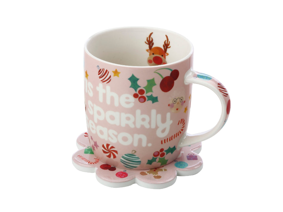 MW Kasey Rainbow Sparkly Season Mug 350ML & Coaster Set Pink Gift Boxed