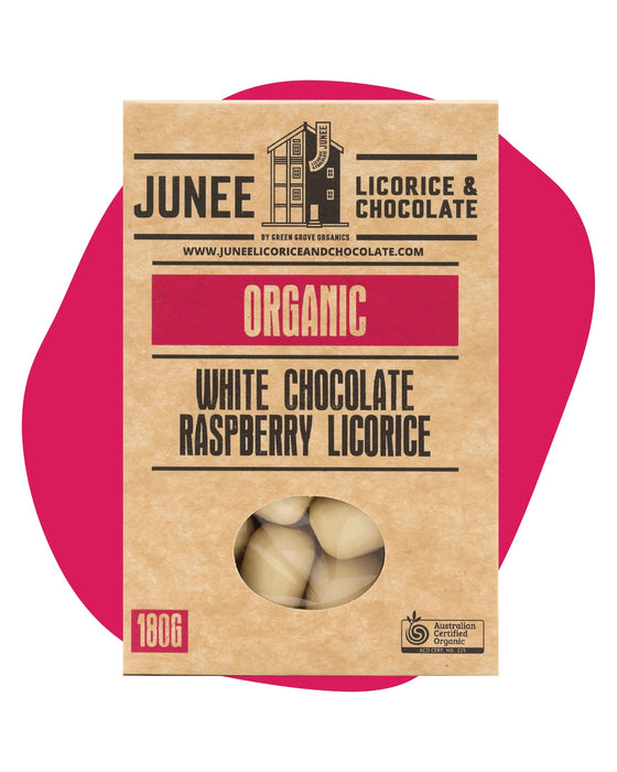 Junee Licorice & Chocolate: White Chocolate Raspberry Licorice 180g