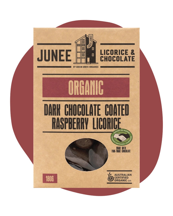 Junee Licorice & Chocolate: Dark Chocolate Raspberry Licorice 180g