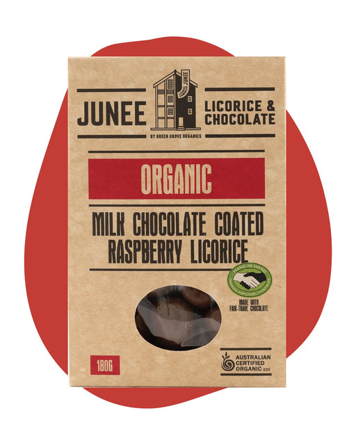 Junee Licorice & Chocolate: Milk Chocolate Raspberry Licorice 180g