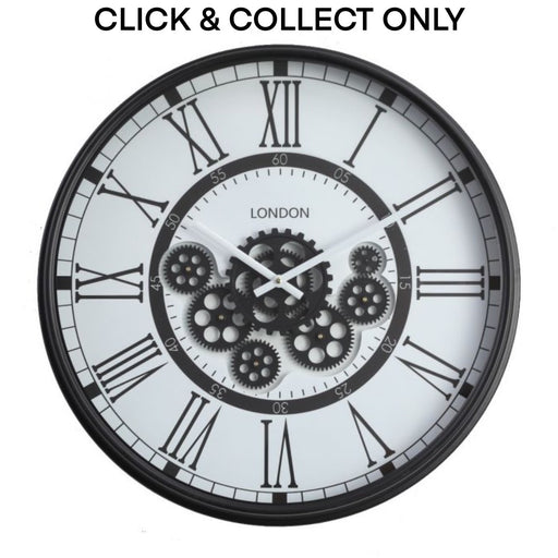 Cog Wall Clock Round London Modern 54cm - Black w/White - Kitchen Antics