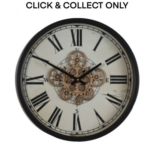 Cog Wall Clock Round Compass 46cm - Black w/Natural - Kitchen Antics