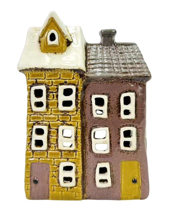 Cottage Tealight - Yellow Brown Double House
