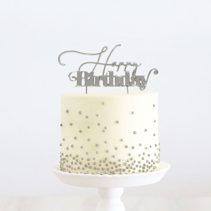 Cake & Candle Cake Topper - Silver Happy Birthday 1