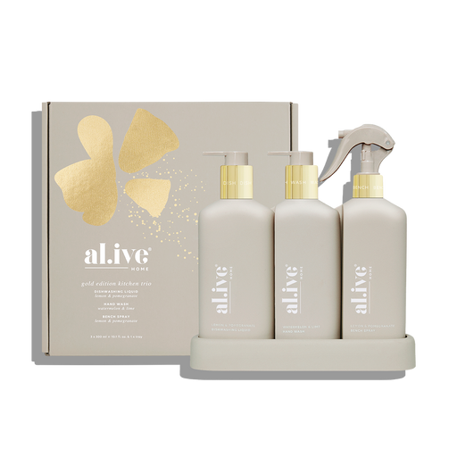 al.ive a Season to Sparkle - Kitchen Trio Dishwashing Liquid, Hand Wash & Bench Spray + Tray