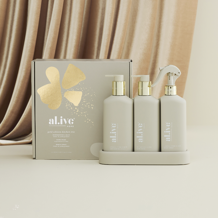 al.ive a Season to Sparkle - Kitchen Trio Dishwashing Liquid, Hand Wash & Bench Spray + Tray