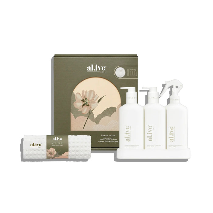 al.ive retreat kitchen trio & towel gift set - lemon myrtle & honeydew pack of 3