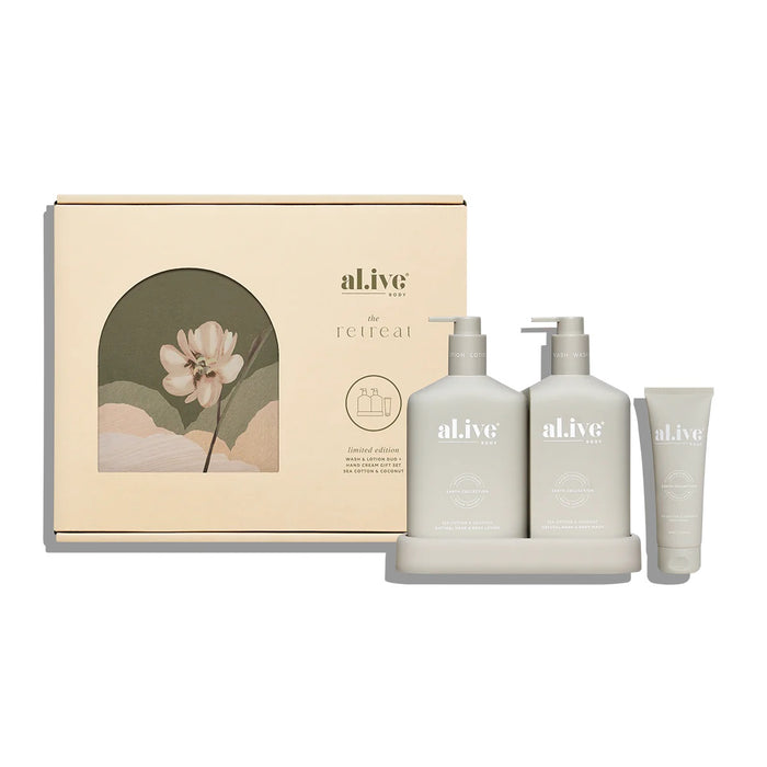 al.ive retreat wash & lotion duo + hand cream gift set - sea cotton & coconut