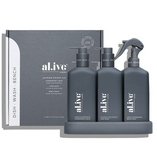 al.ive Kitchen Trio Dishwashing Liquid, Hand Wash & Bench Spray + Tray - Lemon & Pomegranate + Coconut & Wild Orange