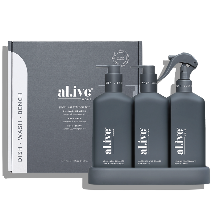 al.ive Kitchen Trio Dishwashing Liquid, Hand Wash & Bench Spray + Tray - Lemon & Pomegranate + Coconut & Wild Orange