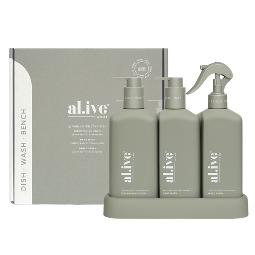 al.ive Kitchen Trio Dishwashing Liquid, Hand Wash & Bench Spray + Tray - Lemon Myrtle & Honeydew + Willow Gum & Lemon Myrtle