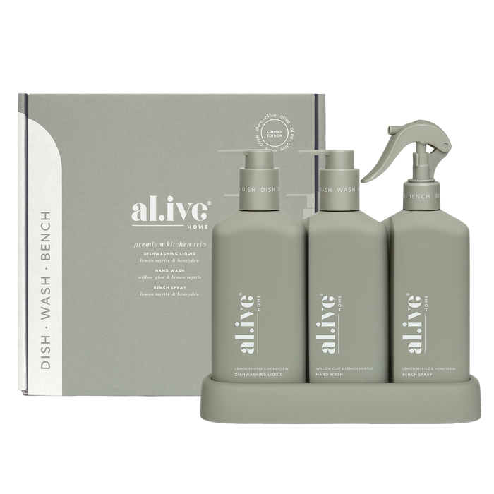 al.ive Kitchen Trio Dishwashing Liquid, Hand Wash & Bench Spray + Tray - Lemon Myrtle & Honeydew + Willow Gum & Lemon Myrtle