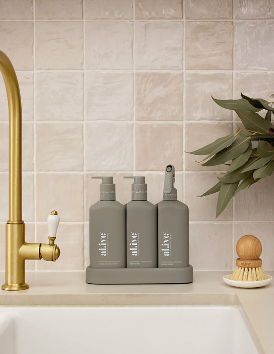 al.ive Kitchen Trio Dishwashing Liquid, Hand Wash & Bench Spray + Tray - Lemon Myrtle & Honeydew + Willow Gum & Lemon Myrtle
