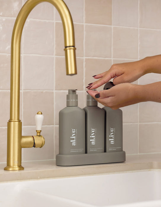 al.ive Kitchen Trio Dishwashing Liquid, Hand Wash & Bench Spray + Tray - Lemon Myrtle & Honeydew + Willow Gum & Lemon Myrtle