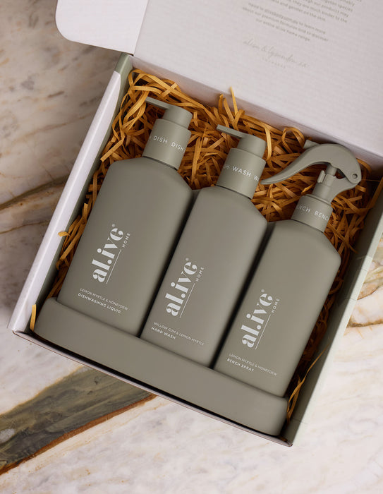 al.ive Kitchen Trio Dishwashing Liquid, Hand Wash & Bench Spray + Tray - Lemon Myrtle & Honeydew + Willow Gum & Lemon Myrtle