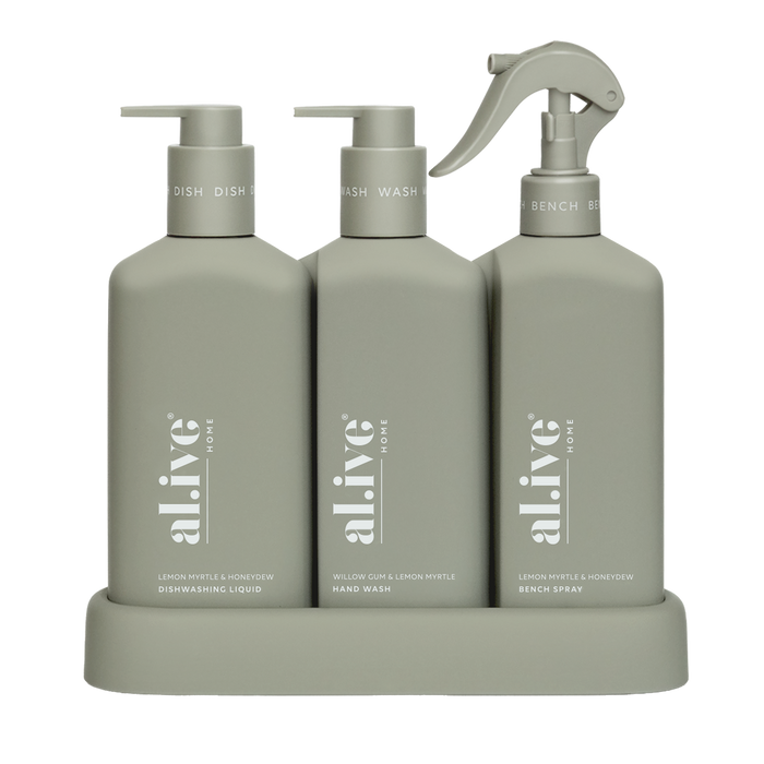 al.ive Kitchen Trio Dishwashing Liquid, Hand Wash & Bench Spray + Tray - Lemon Myrtle & Honeydew + Willow Gum & Lemon Myrtle