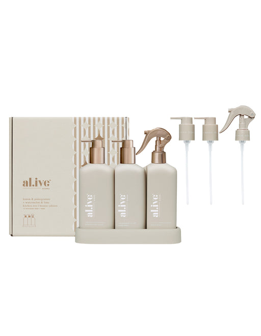 al.ive Kitchen Trio Dishwashing Liquid, Hand Wash & Bench Spray + Tray - Bronze Edition Lemon & Pomegranate + Watermelon & Lime
