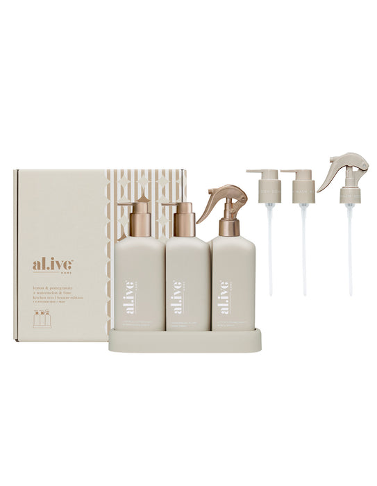 al.ive Kitchen Trio Dishwashing Liquid, Hand Wash & Bench Spray + Tray - Bronze Edition Lemon & Pomegranate + Watermelon & Lime