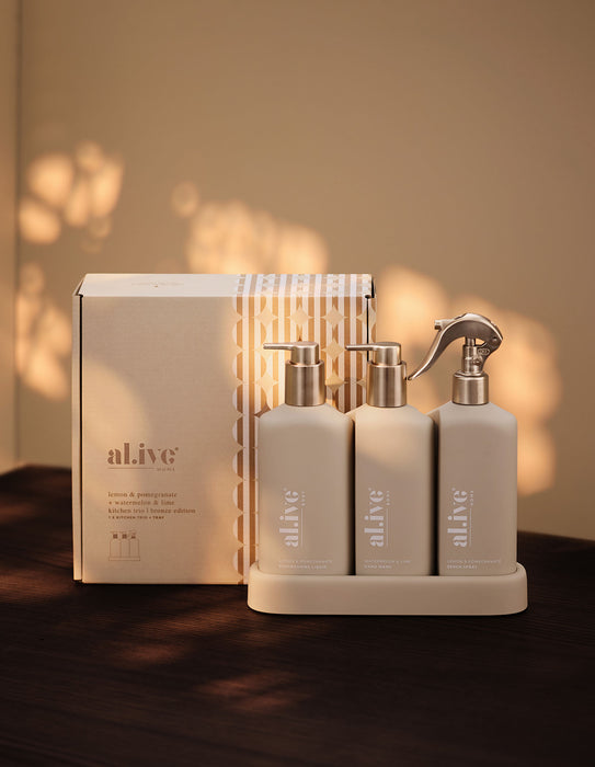 al.ive Kitchen Trio Dishwashing Liquid, Hand Wash & Bench Spray + Tray - Bronze Edition Lemon & Pomegranate + Watermelon & Lime