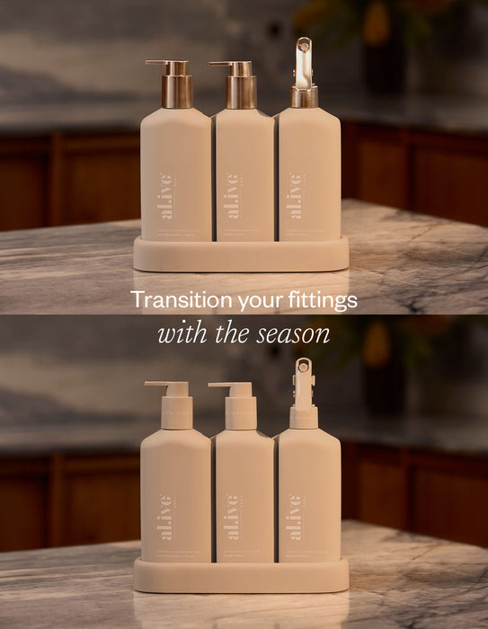 al.ive Kitchen Trio Dishwashing Liquid, Hand Wash & Bench Spray + Tray - Bronze Edition Lemon & Pomegranate + Watermelon & Lime