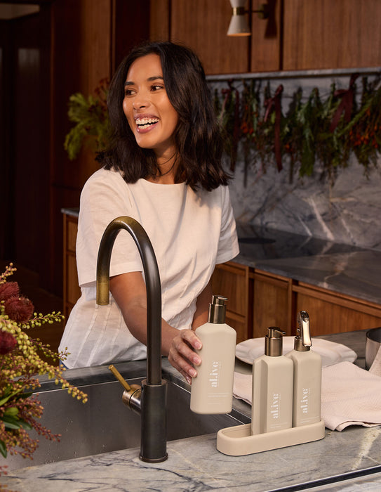 al.ive Kitchen Trio Dishwashing Liquid, Hand Wash & Bench Spray + Tray - Bronze Edition Lemon & Pomegranate + Watermelon & Lime