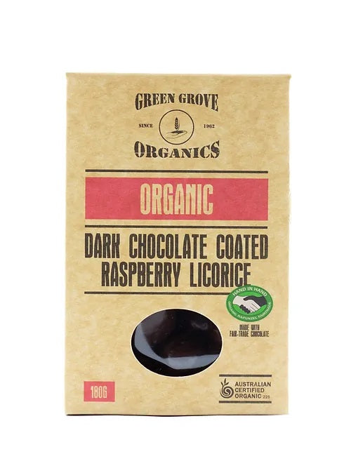 Green Grove Organic Dark Chocolate Coated Raspberry Licorice 180g - Kitchen Antics