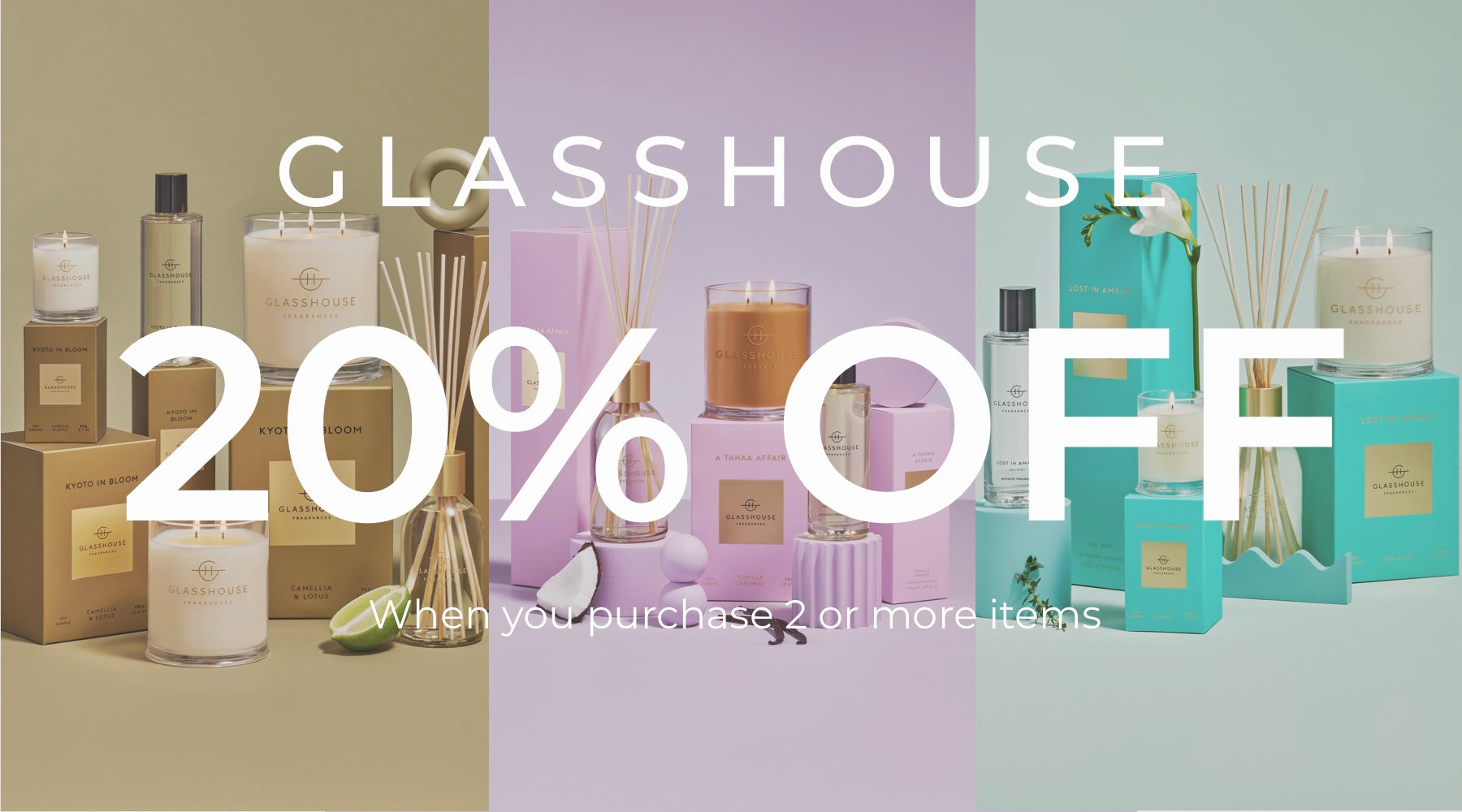 Glasshouse candles, diffusers and room sprays on sale for 20% off