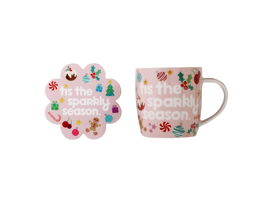 MW Kasey Rainbow Sparkly Season Mug 350ML & Coaster Set Pink Gift Boxed - Kitchen Antics