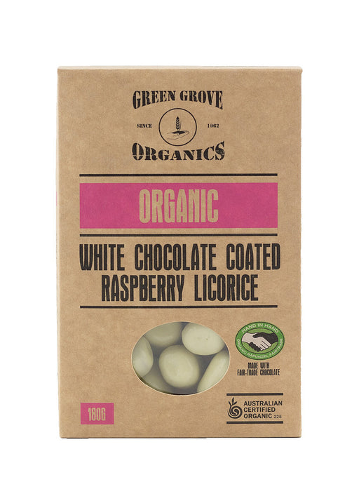 Green Grove Organic White Chocolate Coated Raspberry Licorice 180g - Kitchen Antics