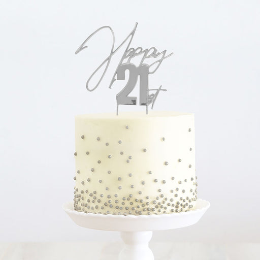 Cake & Candle Cake Topper - Silver Happy 21st - Kitchen Antics