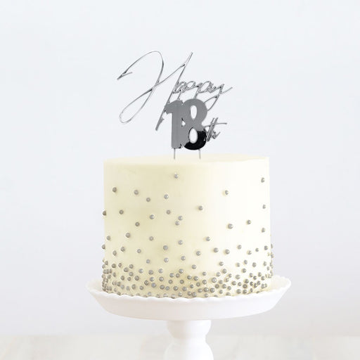 Cake & Candle Cake Topper - Silver Happy 18th - Kitchen Antics