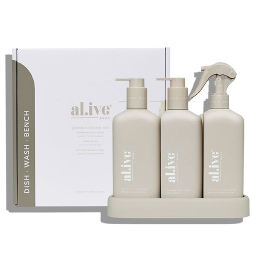 al.ive Kitchen Trio Dishwashing Liquid, Hand Wash & Bench Spray + Tray - Kitchen Antics